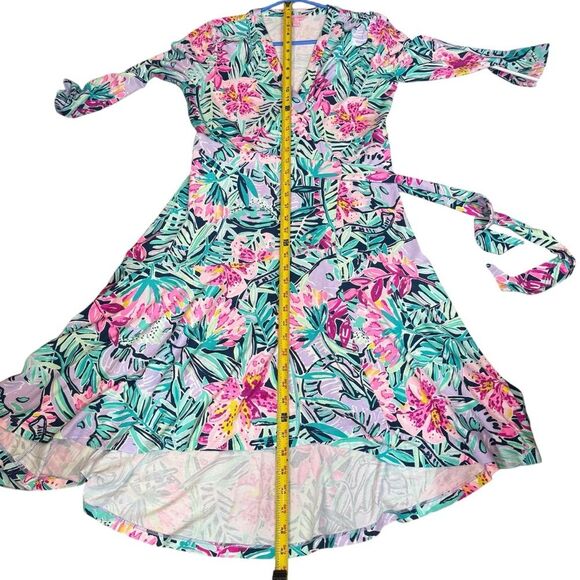 Lilly Pulitzer M Rosaline Wrap‎ Dress Tropical Floral Aqua Purple Asymmetrical - Picture 9 of 10